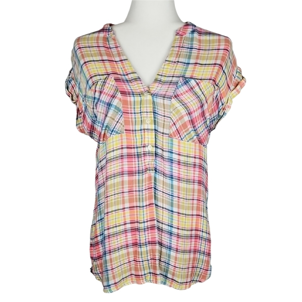 GAP Colorful Plaid Cap Sleeve Shirt in Peach Orange, White, Yellow, Blue Pink